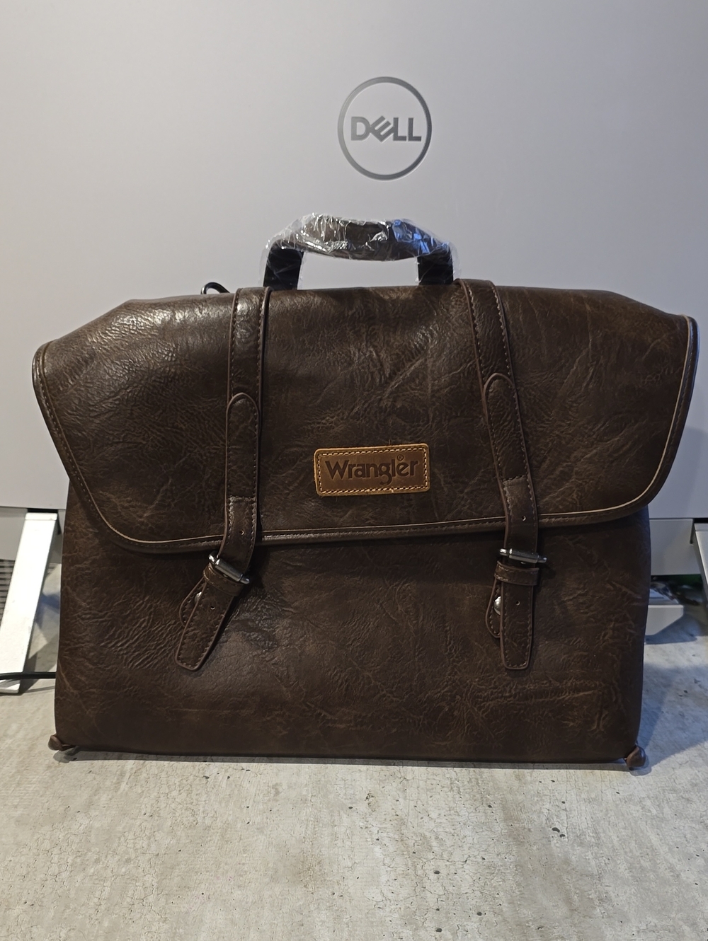 Wrangler Dark Brown Leather Laptop Briefcase with Buckle Straps